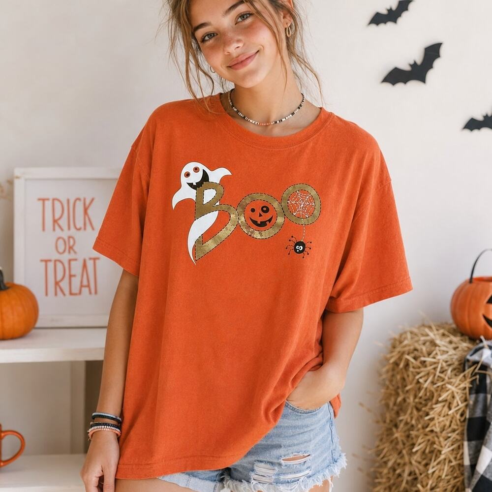 👻🕷️🕸️Halloween BOO Tee Shirt Ghost 🎃Pumpkin Spider Web Graphic Girls JR 2XG